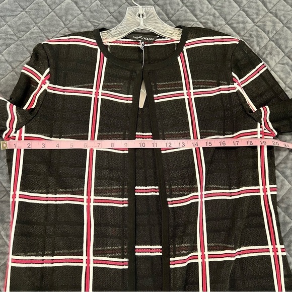 Ming Wang XS Black Red Plaid 3/4 Cardigan Knit Lightweight Jacket Top W - Picture 5 of 12